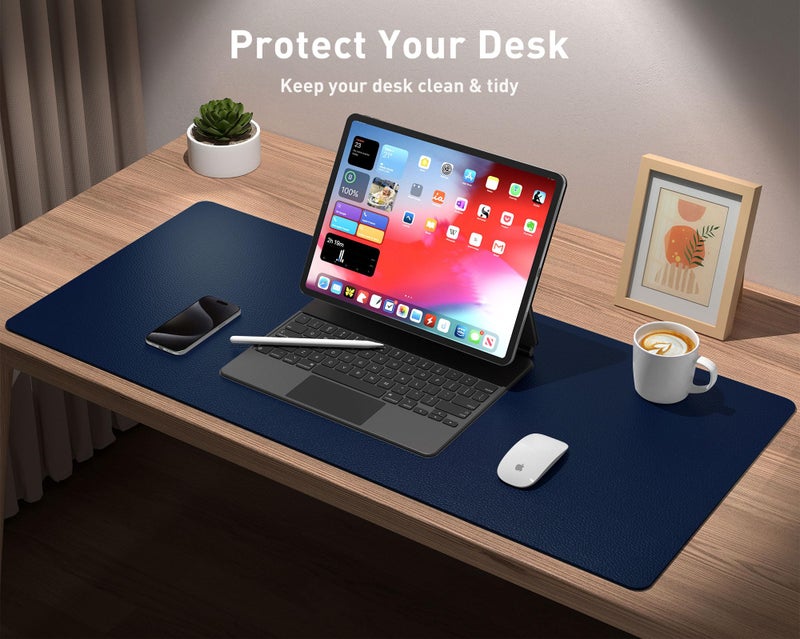 Aothia Leather Desk Pad Protector, Mouse Pad, Office Desk Mat, Non-Slip PU Leather Desk Blotter, Laptop Desk Pad, Waterproof Desk Writing Pad for Office and Home(Dark Blue,31.5" x 15.7") - Image 3